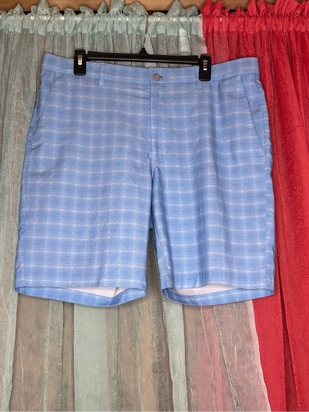 PGA Tour Light Blue Plaid Performance Golf Shorts